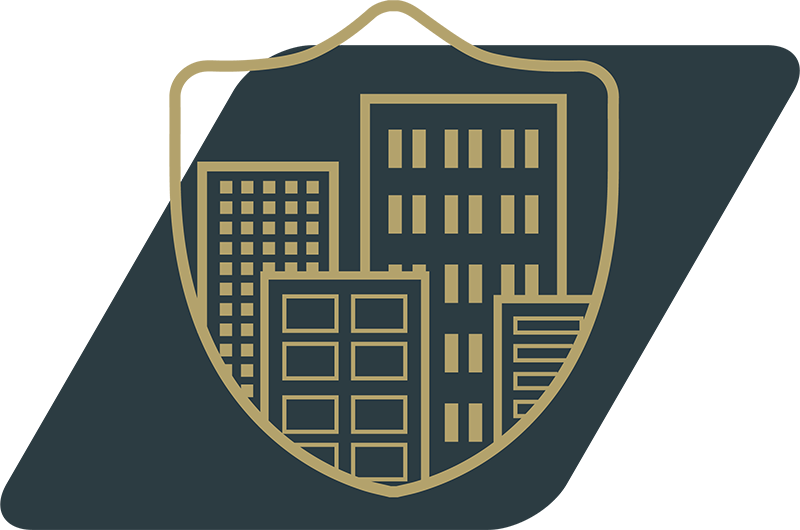 Icon of a badge with buildings inside.