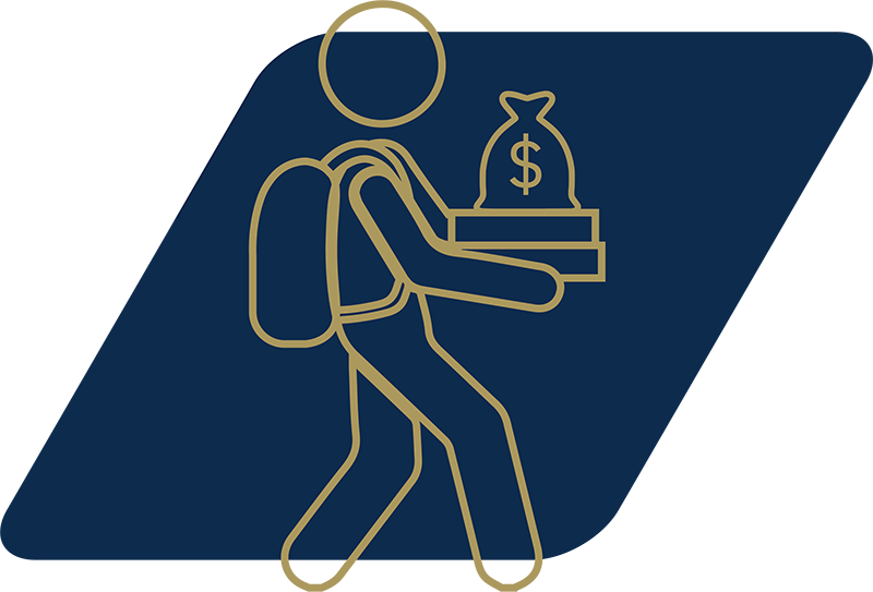 Icon of a student carrying books and a bag of money.