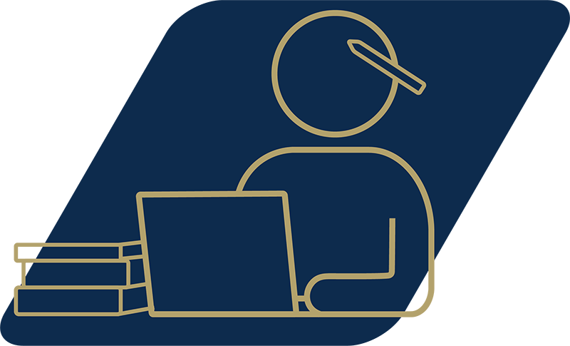 Icon of a person with a computer and books.